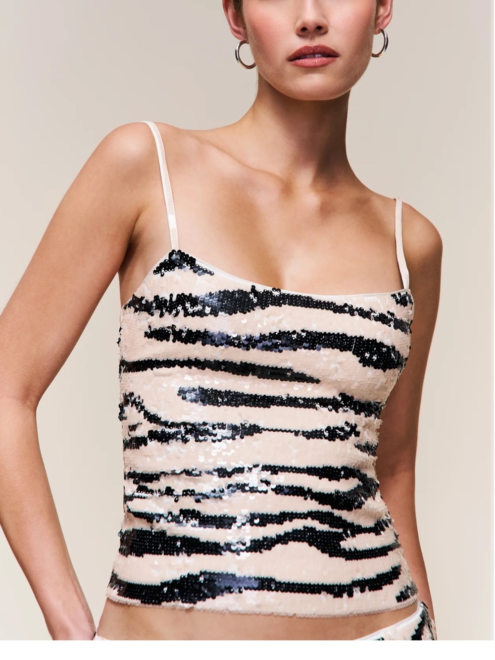 Guizio Sequin Zebra Stripe Cami Top - Black & Cream